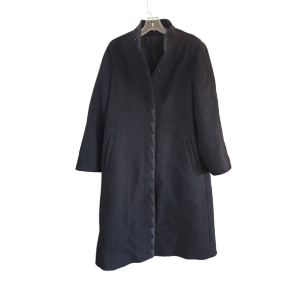 Vtg MARCONA Luxury Black Wool Trench Coat Sz 40 Hidden Button LARGE Office Siren - Picture 1 of 13